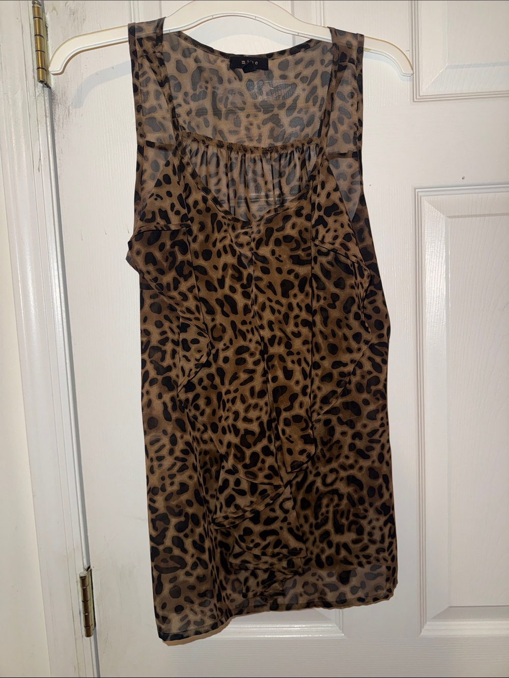 Leopard Print Brown Sheer Tank Top with front ruffle